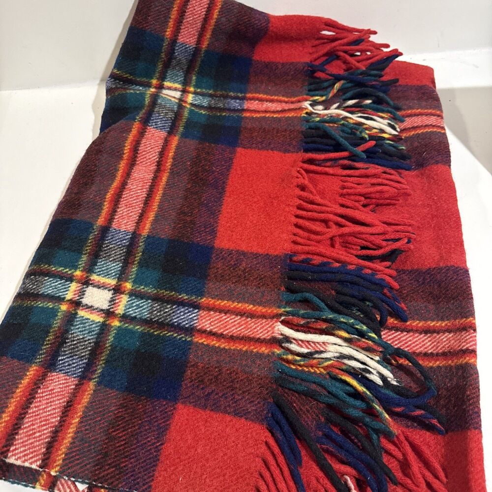 VTG Wool Blanket Classic Red Plaid Throw with Fringe 48x60"